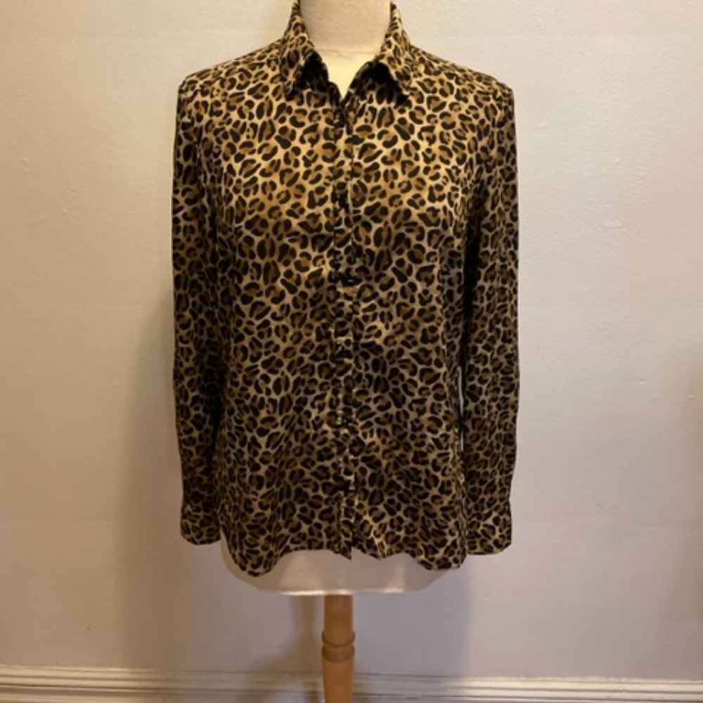 alex + alex leopardskin print long sleeve button down classic shirt